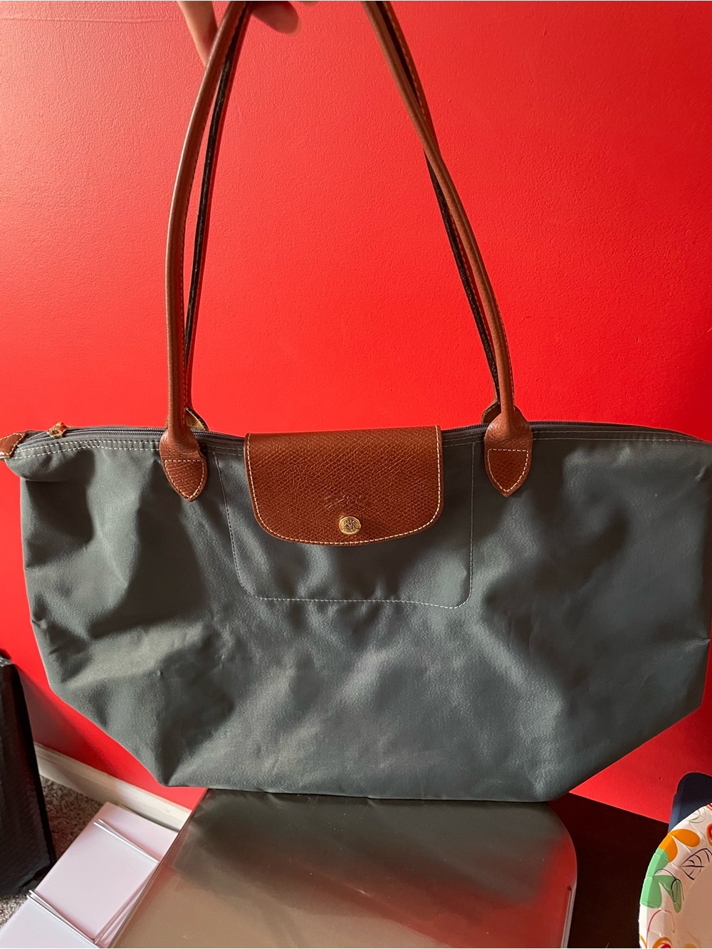 Longchamp Large Le Pliage Tote Bag in Green Brown Trim